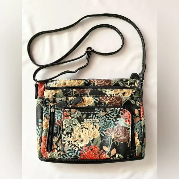 Multisac Black with Multicolor Flowers Crossbody Purse - Picture 1 of 12